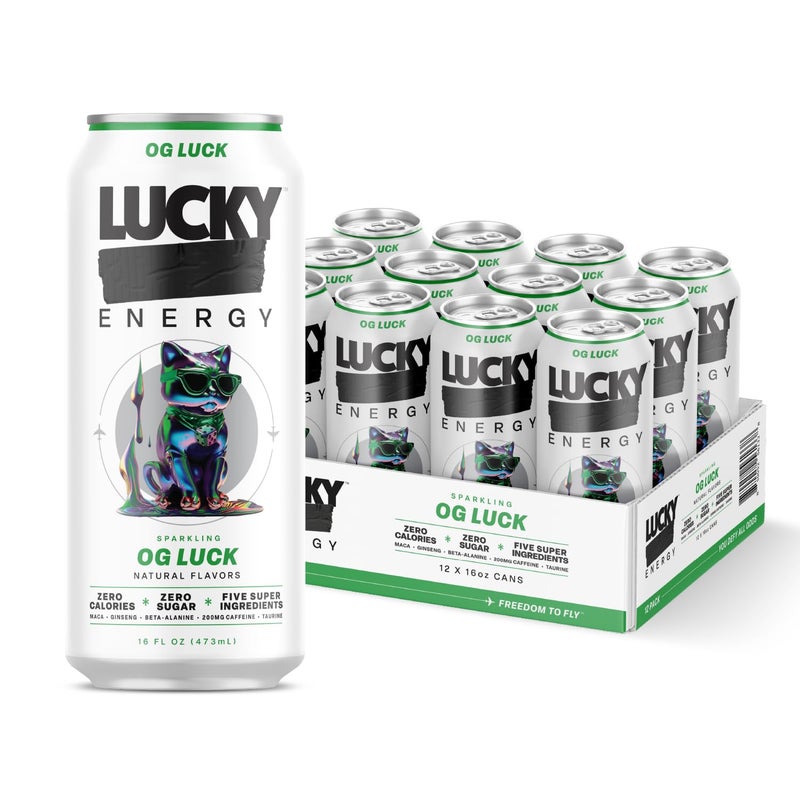 Lucky Energy Sugar Free Energy Drinks, OG Luck, 16oz Cans (12-Pack) Healthy, Zero Sugar Energy Drink with Maca, Ginseng, Beta-Alanine, Taurine & 200mg Caffeine - Image 1
